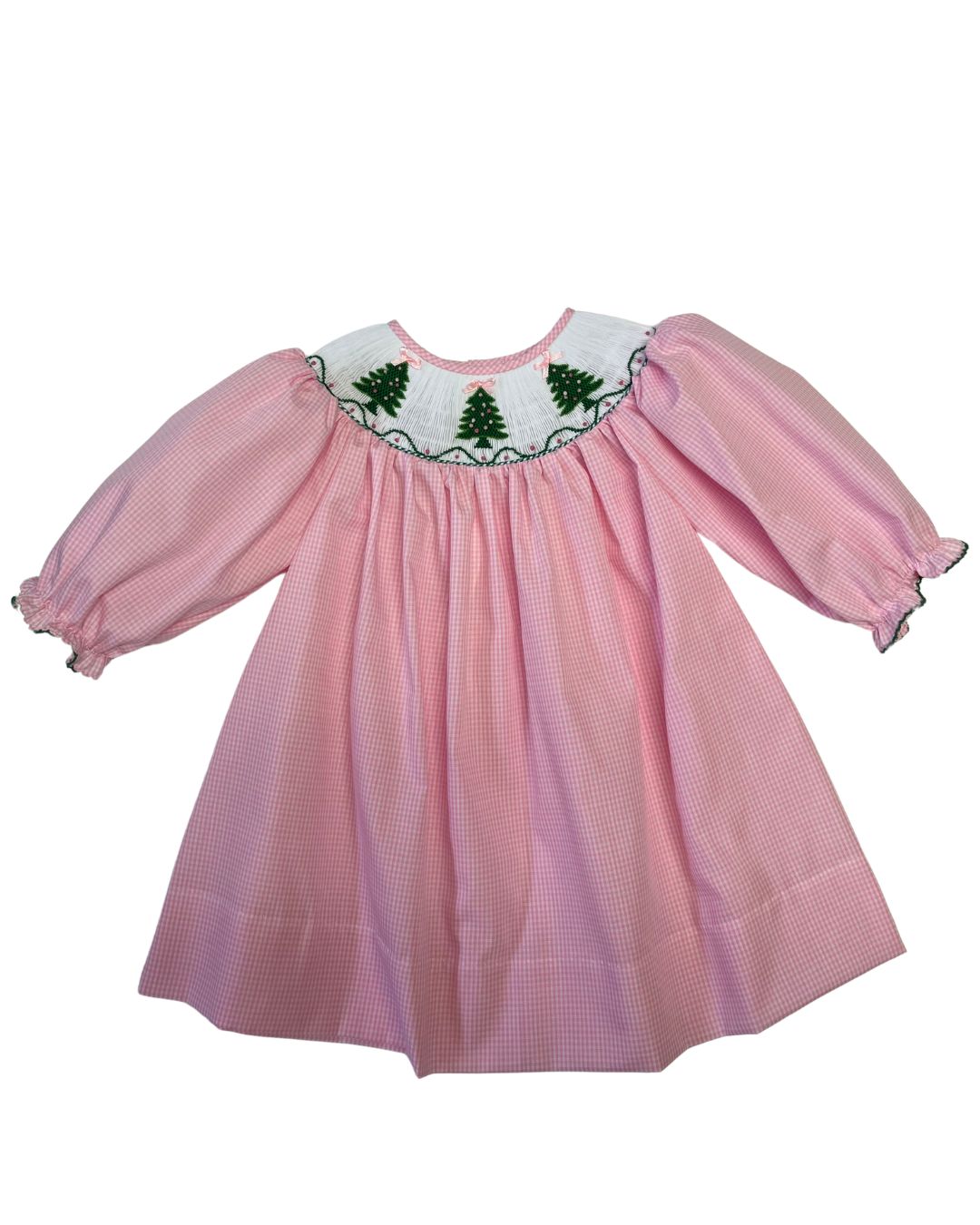Emma Christmas Tree Long-Sleeve Bishop Dress - Pink Gingham
