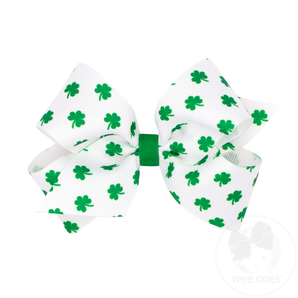 King White Shamrock Printed Grosgrain Hair Bow