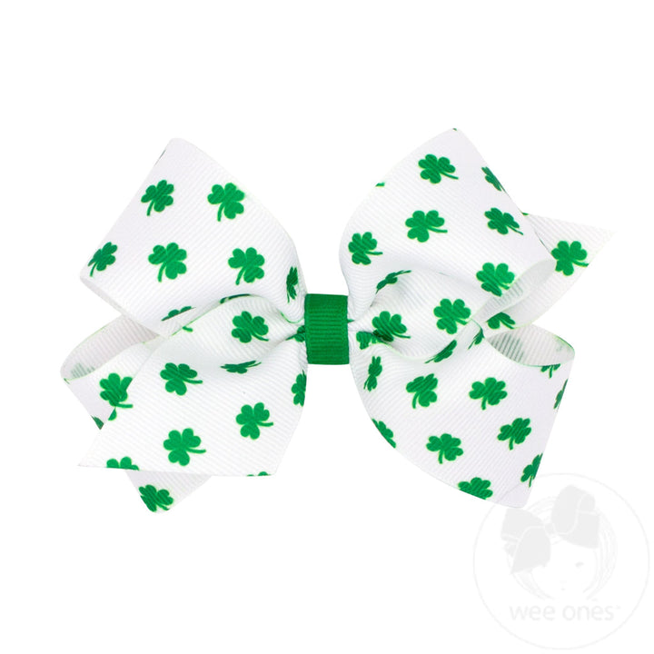 King White Shamrock Printed Grosgrain Hair Bow