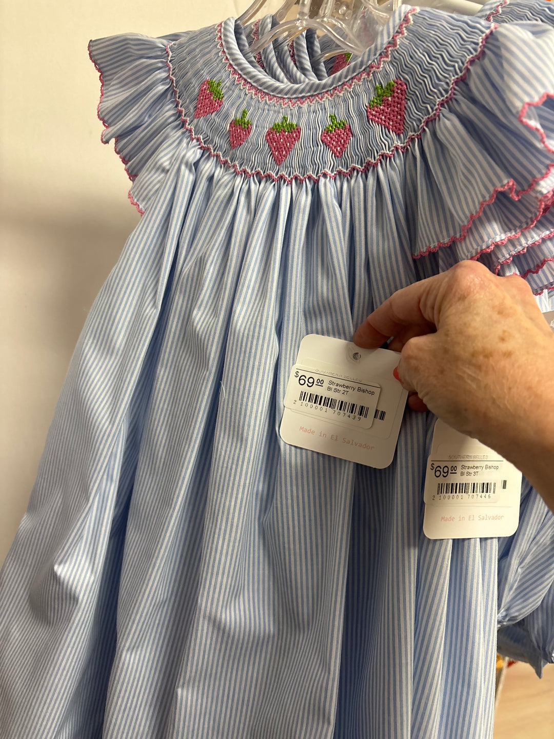 Strawberry Bishop Dress - Blue Stripe Southern Belles Strawberry Bishop Dress - Blue Stripe Southern Belles
