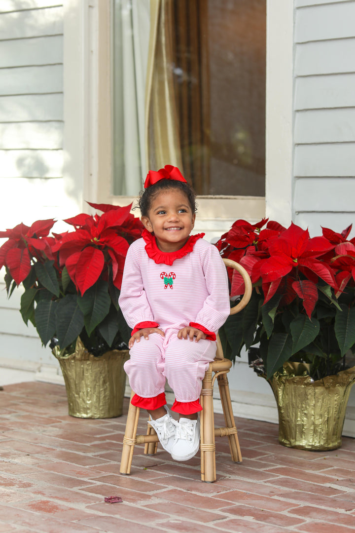 Candy Cane Embroidered Ruffle Romper