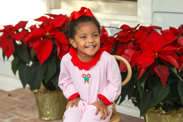 Candy Cane Embroidered Ruffle Romper