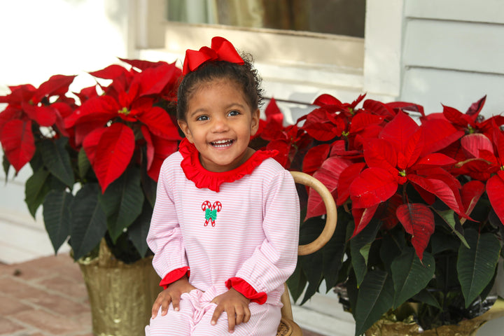 Candy Cane Embroidered Ruffle Romper