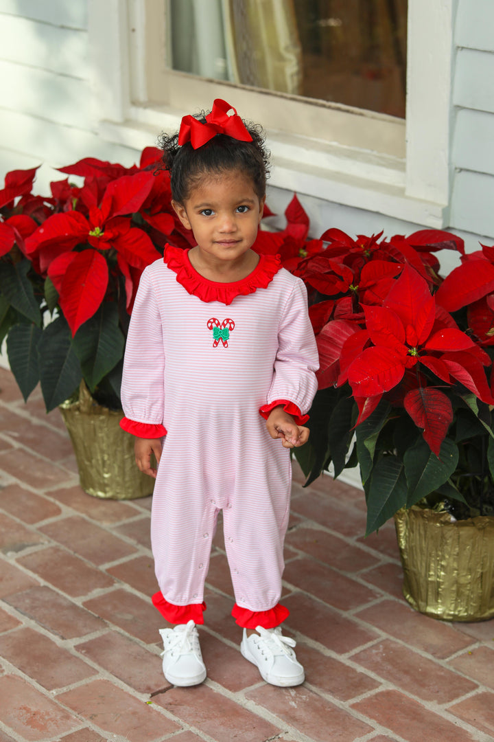 Candy Cane Embroidered Ruffle Romper