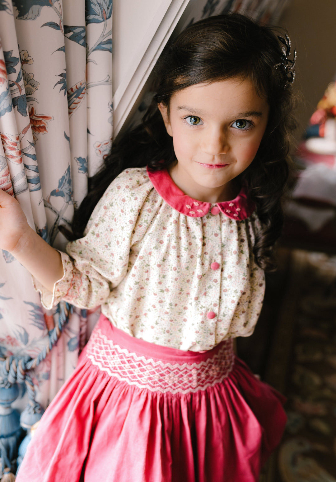 Marie Pink Floral Smocked Skirt & Blouse Set