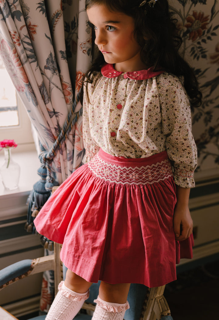 Marie Pink Floral Smocked Skirt & Blouse Set