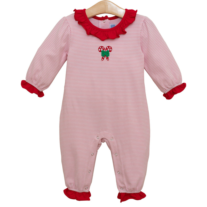 Candy Cane Embroidered Ruffle Romper