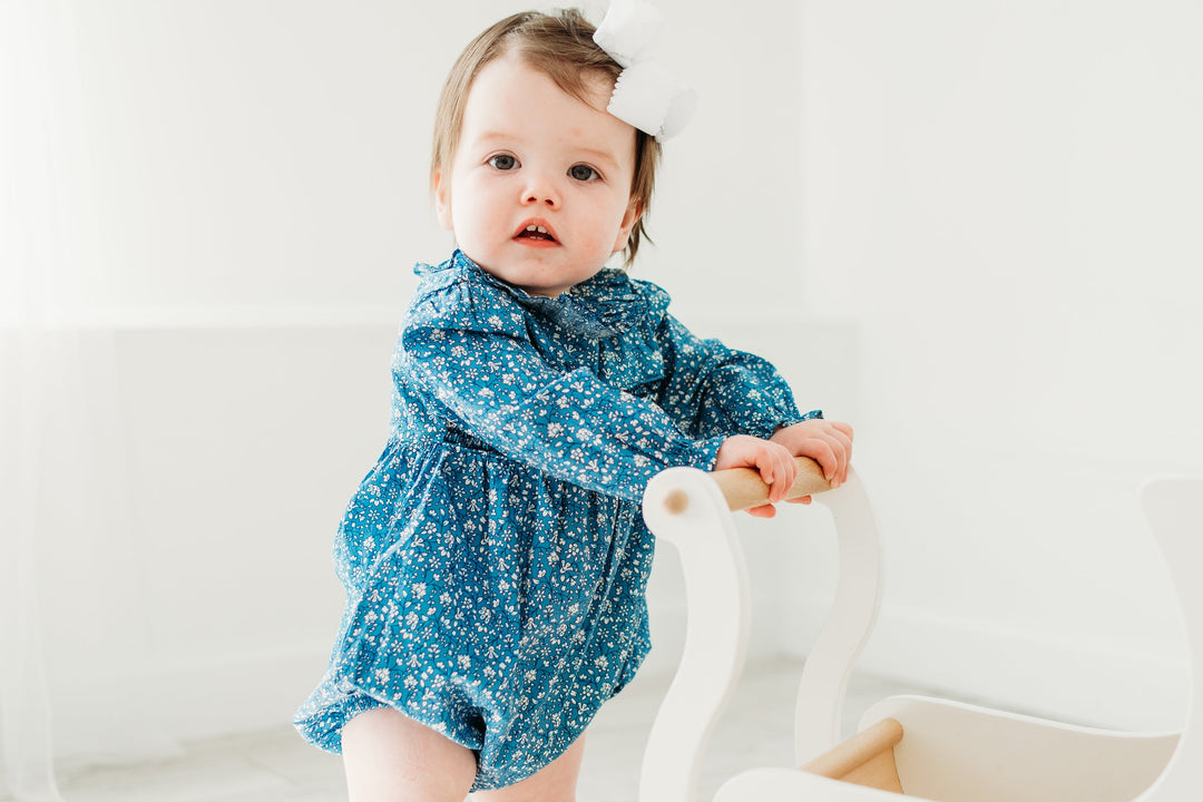 Claire Blue Floral Smocked Bubble