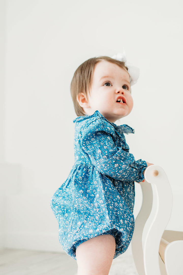 Claire Blue Floral Smocked Bubble