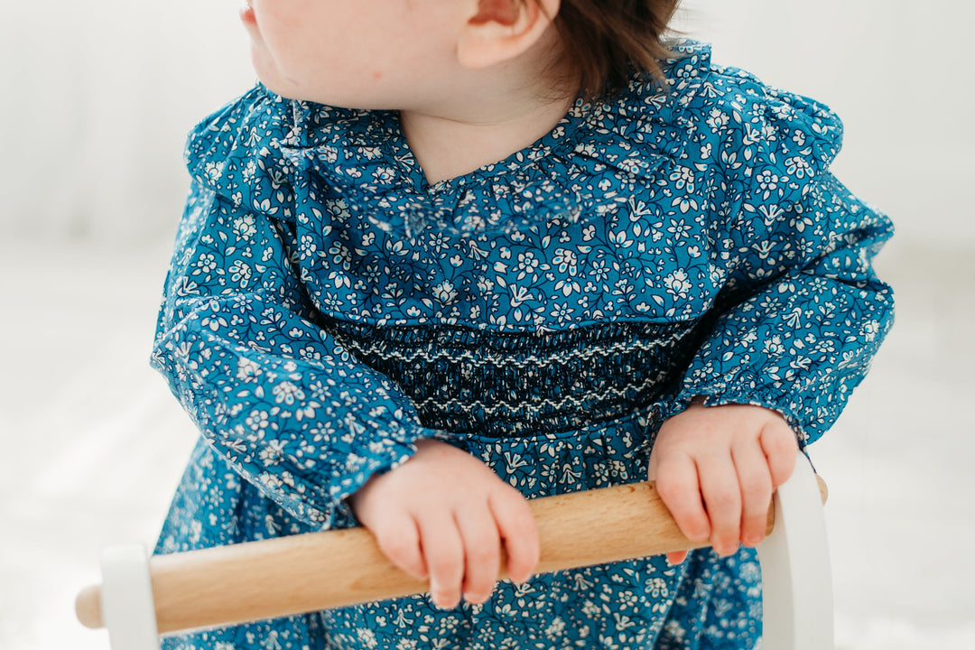 Claire Blue Floral Smocked Bubble