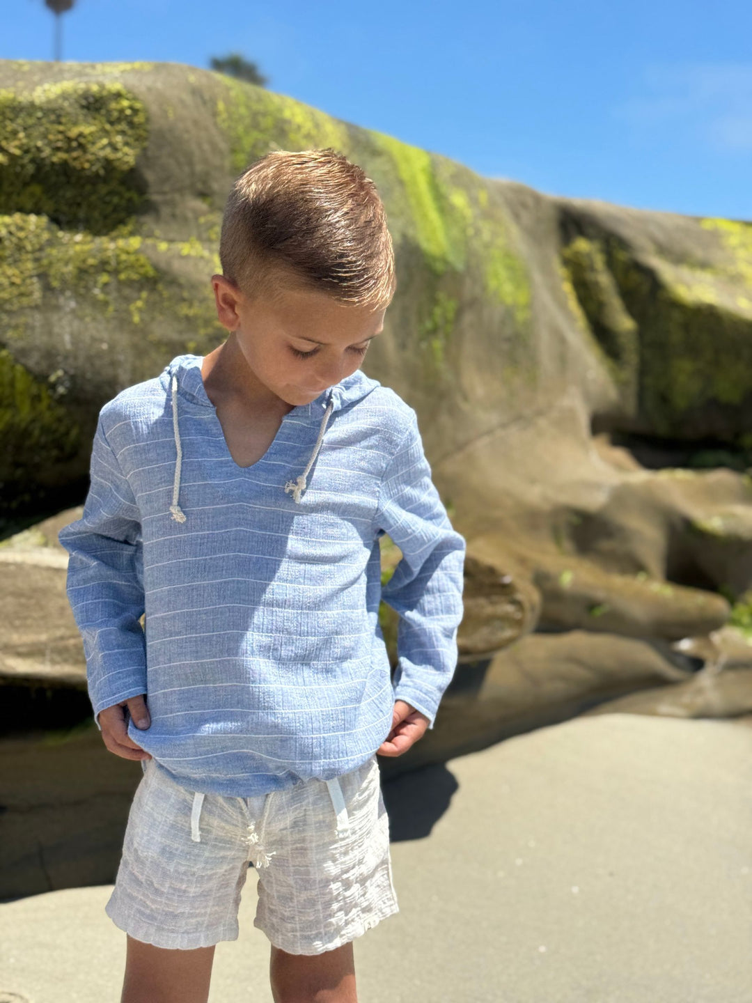 St Ives Hooded Woven Top - Blue Chambray