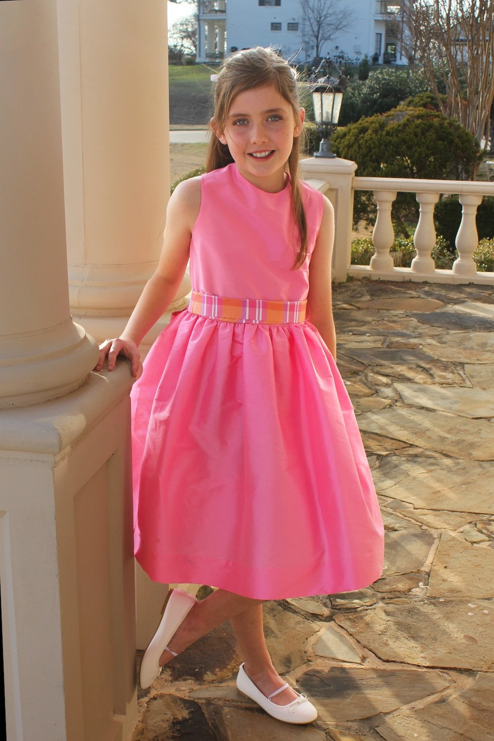 Candy Pink Dress with Plaid Sash